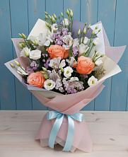 Букет Утренняя свежесть в Агинском Букет цветов из: Лизиантусы, Розы, Альстромерии и Гипсофила в Агинском