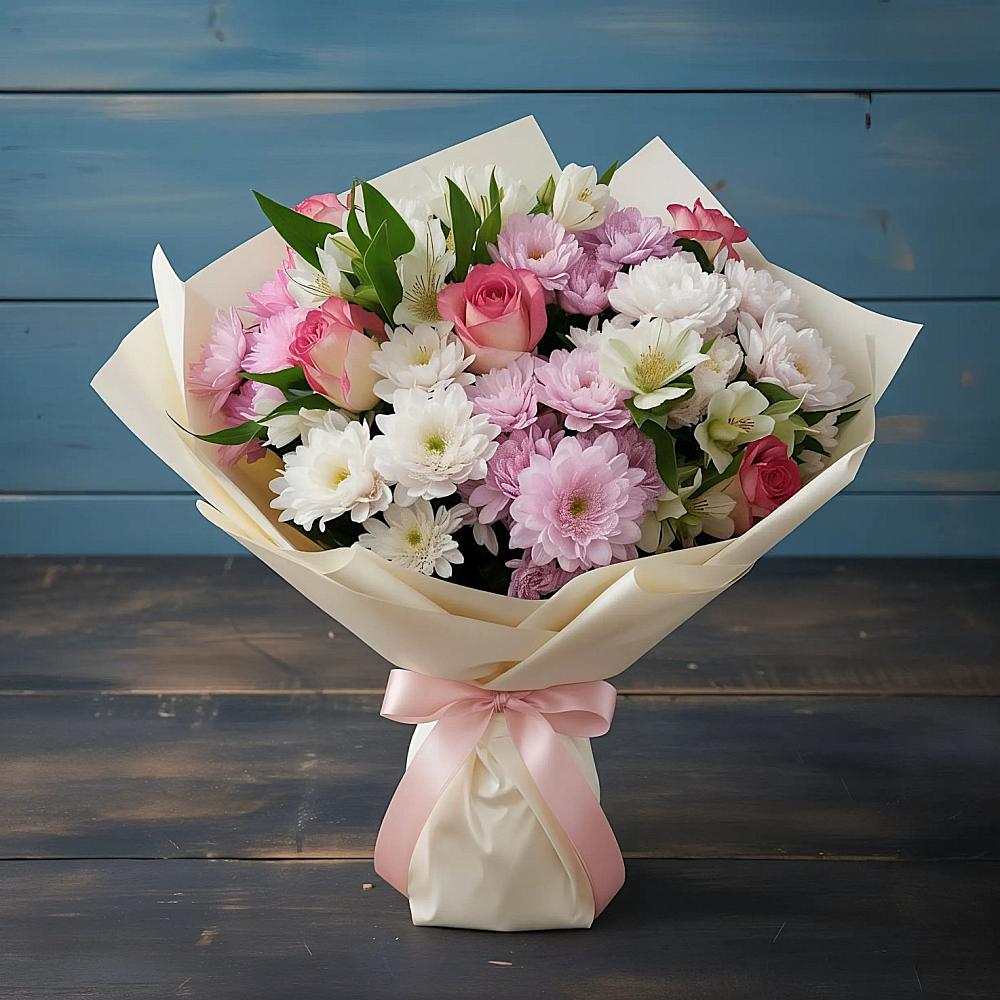 Букет Розовое очарование в Агинском Букет цветов из: Хризантемы, Альстромерии и Розы в Агинском